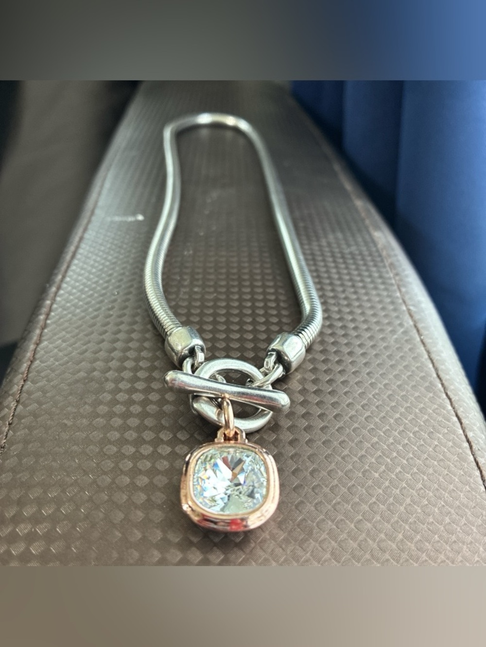 Ciclon Signed Silver Plated Toggle Necklace with Rose-Gold Crystal Pendant